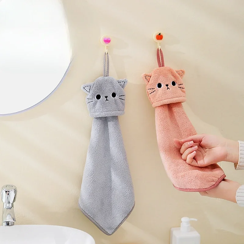 Cat Embroidery Towel Home Decor Super Absorbent Hanging Coral Velvet Hand Towel Bathroom kitchen Supplies