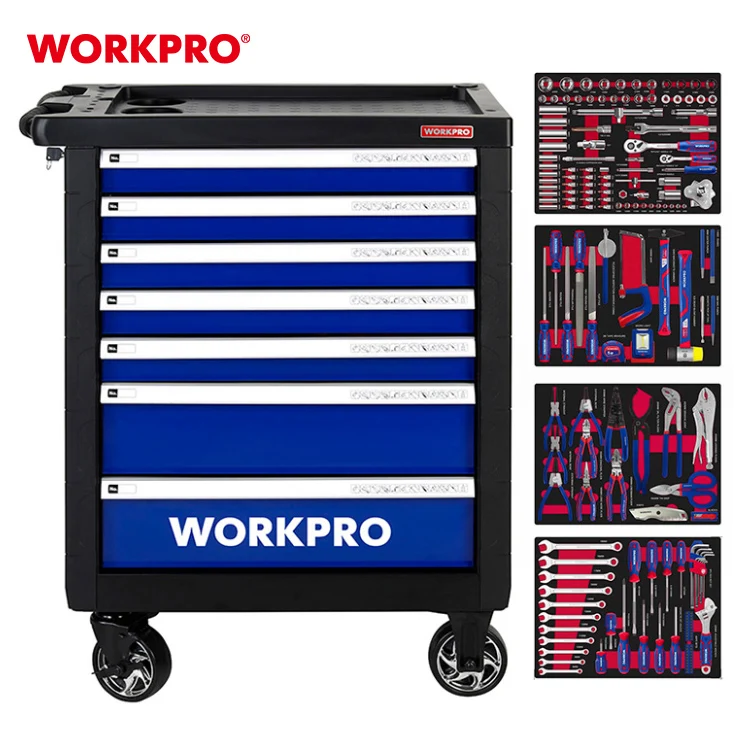 WORKPRO  Professional 7 Drawer Workbench Workshop Garage Metal Rolling Wheels Tool Box Roller Trolley Cart Tool Cabinets