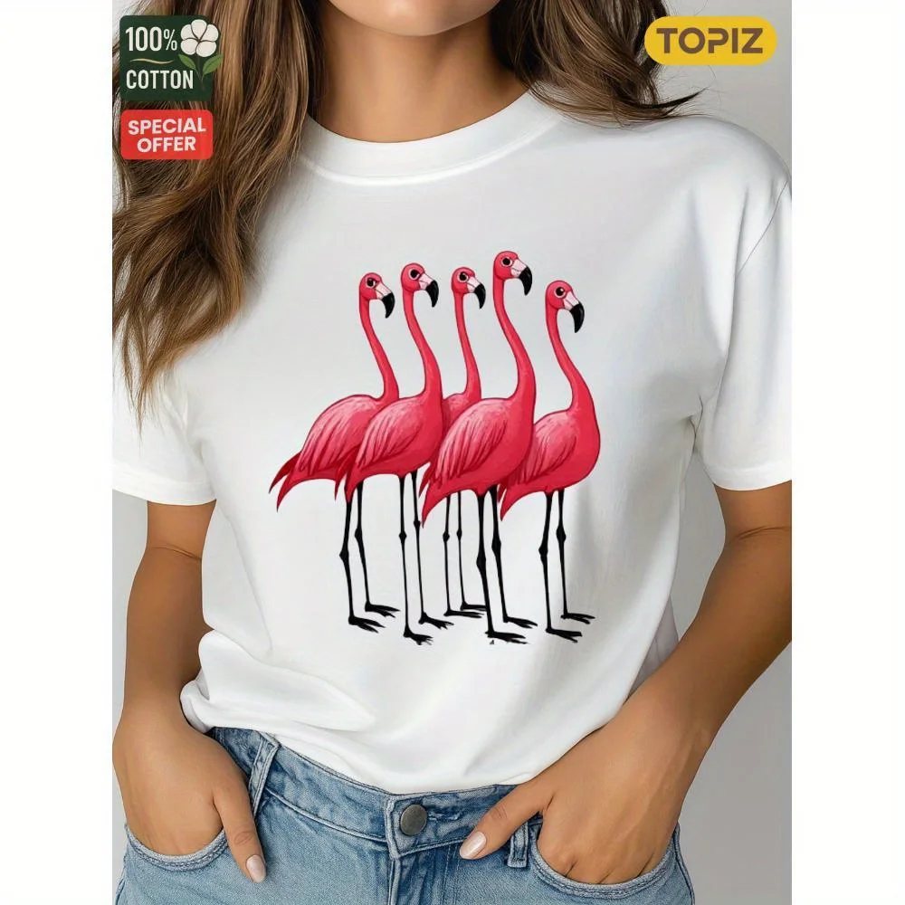 

Women's T-Shirt, Crew Neck Short Sleeve Casual Top, Graphic T-Shirt, Pink Flamingos Standing In Line, 100% Cotton, Casual Outfit