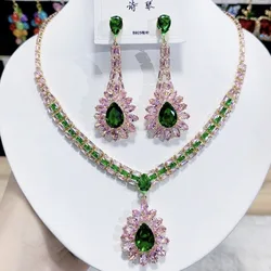 Women New Fashion Zircon Pink Green Water Drop Necklace Earrings Luxury Set 2024