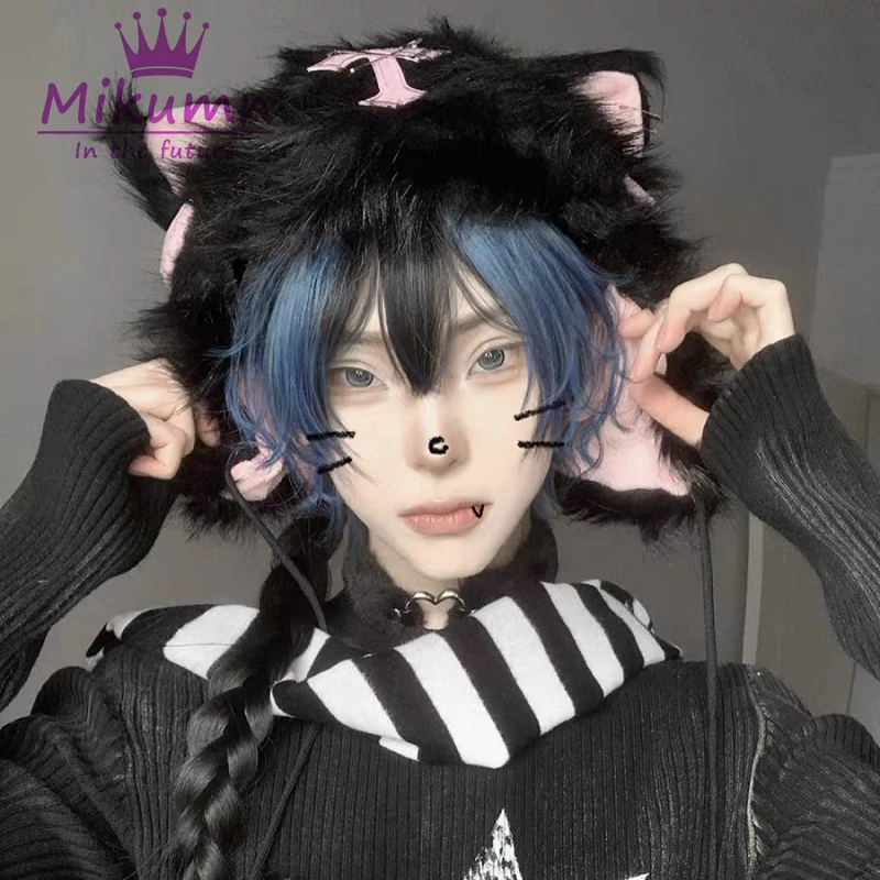 Mikumn Women Gothic Lolita Plush Cat Ear Hats Harajuku Y2k Punk Black Pink White Cross Wings Bow Cute Flurry Warm Beanie Hats