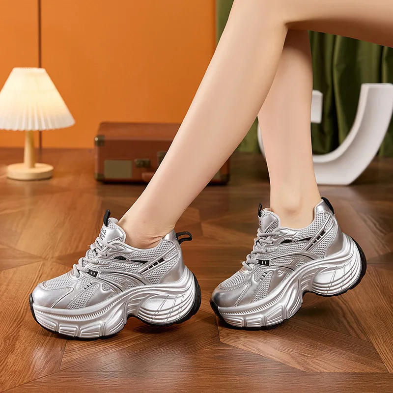 Custom Platform Sneakers Women Spring Fashion Mesh Casual Shoes 8cm Thick Sole