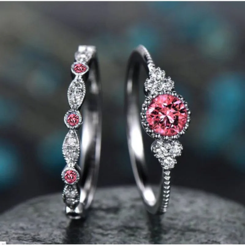 Gorgeous Inlaid with Red White Stone Rings Fashion Round Party Rings Set for Women Jewelry