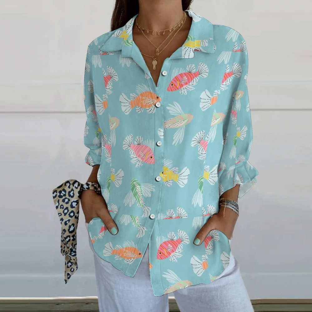 

Cute Light Blue Sea Animal Fish Print Shirt Ladies Elegant Polo Collar High Quality Clothes Outfit Trendy New Blouse