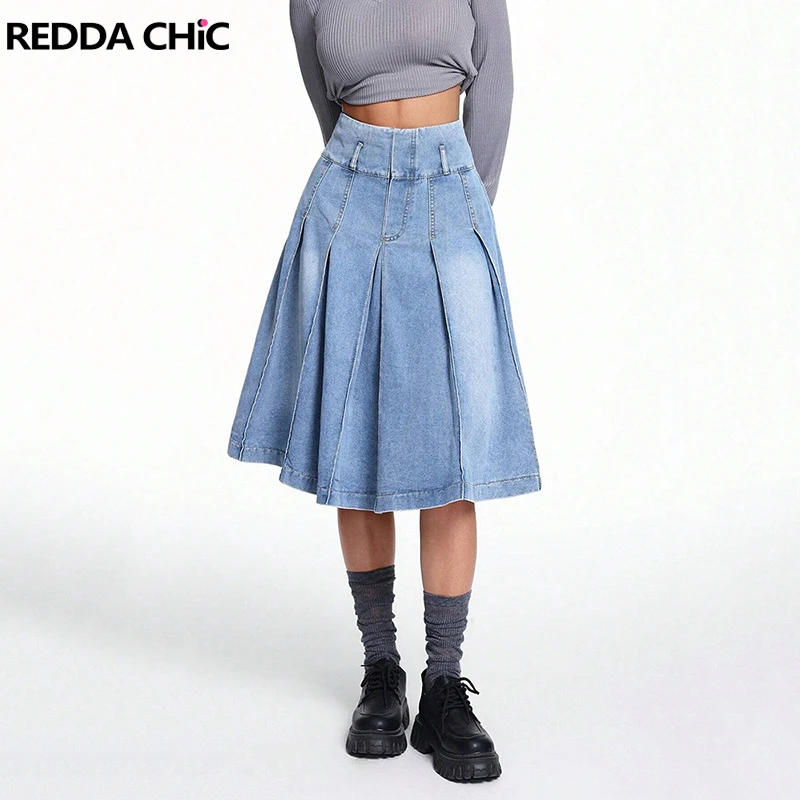 

REDDACHiC Women's Pleated Jean Skirt Vintage Casual Do Old A-Line Slim Fit High Waist Knee Long School Uniform Y2K Everyday Wear
