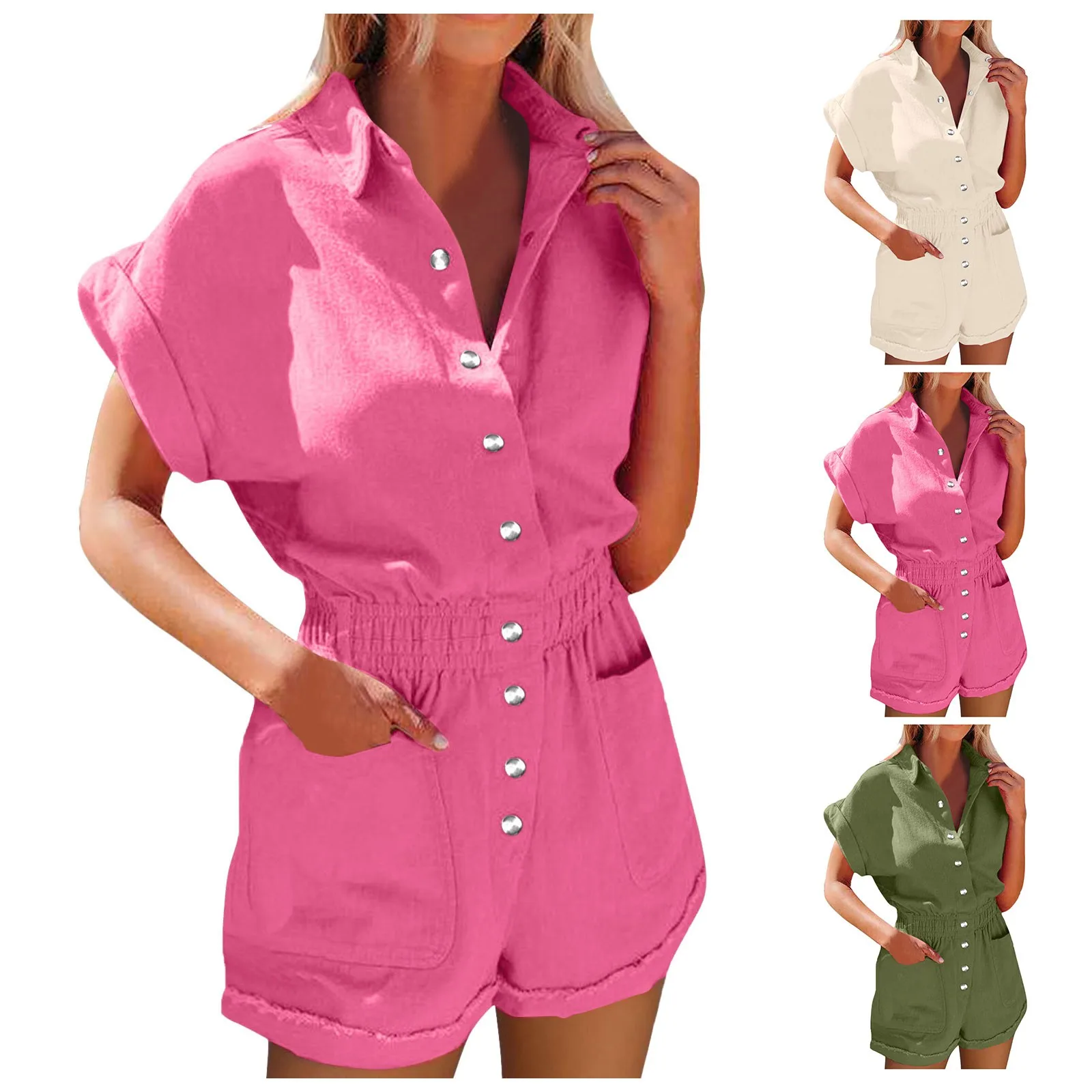 

Single Breasted Women's Jumpsuit Solid Lapel Short Sleeve Pocket Romper Casual Playsuits For Women Summer Fashion Streetwear