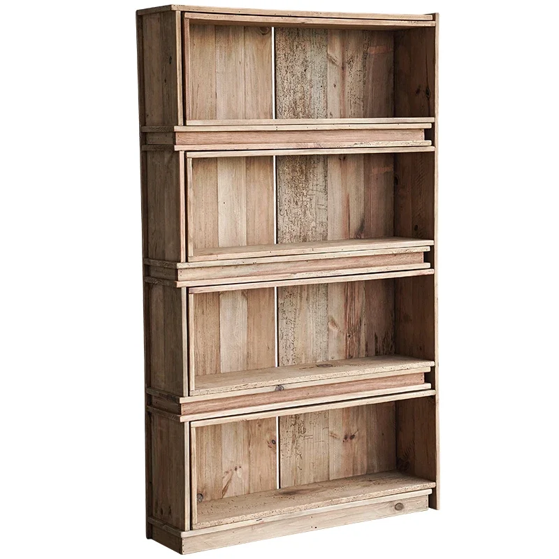 Retro old pine display rack Solid wood multi-layer retractable shelf against the wall for home use