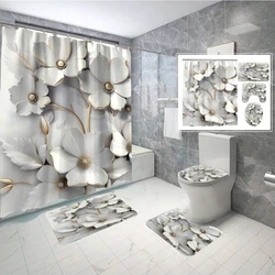 Floral Pattern Series Bathroom Accessory Set Including Shower Curtain,Toilet Seat Cover,U-Shaped Mat,Bath Mat,Spring Collection