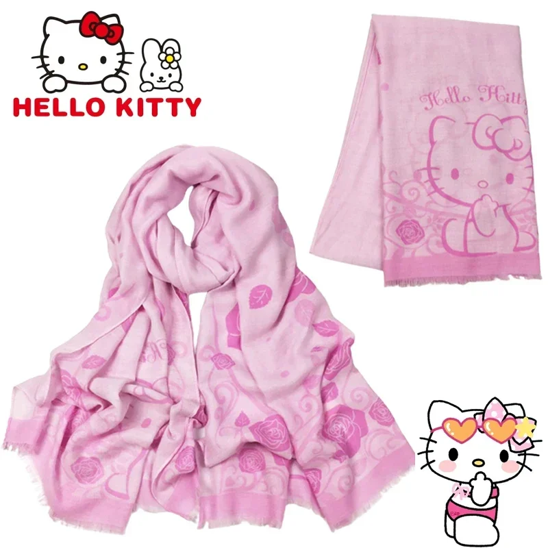 Sanrio Hello Kitty Scarve Shawls Autumn Winter Kawaii Warm Scarves Cartoon Sweet Lady Tassel Shawl Wraps Travel Soft Cute Scarf