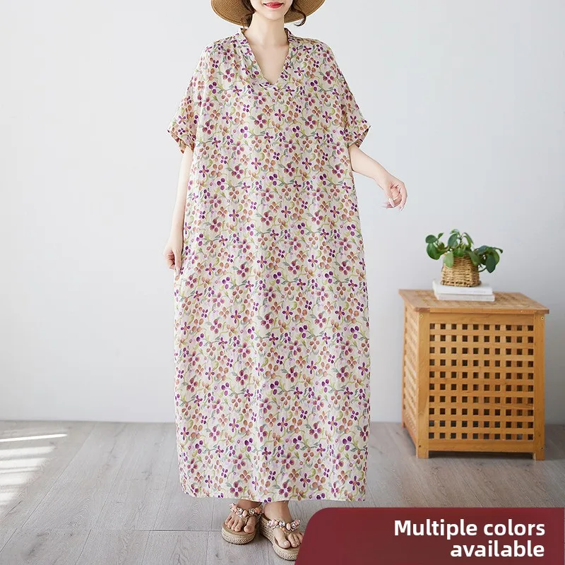 

N Свободная женская длинная юбка с цветочным принтом Dr V-Ne Batwing Sve, летняя удобная одежда из смеси хлопка и льна для путешествий