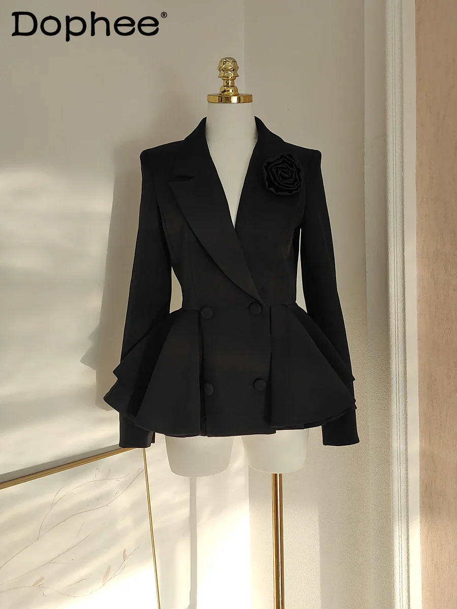 French Suit Lapel Ruffle Edge Waist Slim Fit Three-dimensional Flower Thin Blazer Autumn Black High Waist Top Jacket Women