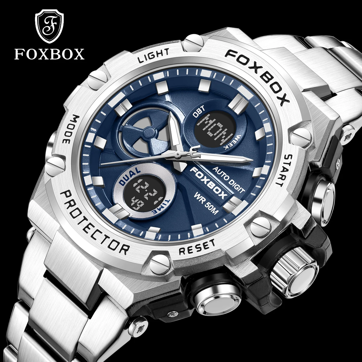 

FOXBOX Original Top Brand Quartz Mens Watches Stainless Steel Waterproof Wristwatch Sport Chronograph Clock Relogio Masculino