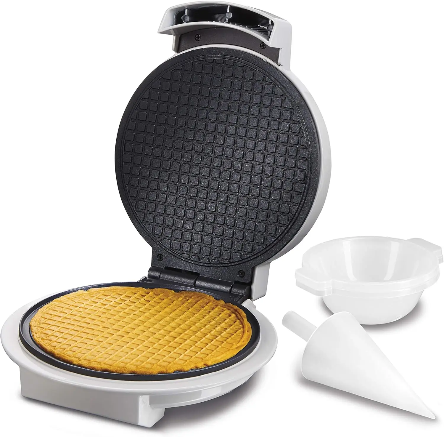 

Waffle Cone and Ice Cream Bowl Maker with Browning Control, Shaper Roller and Cup Press, 7.5” PFAS-Free Nonstick Plates