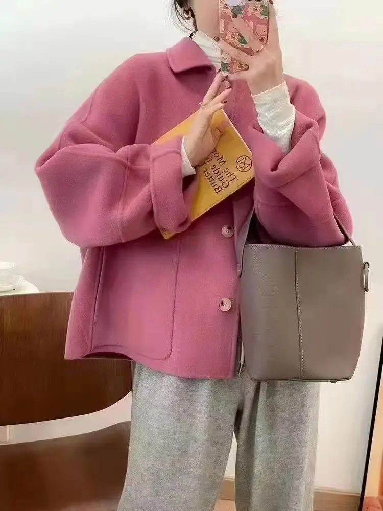 

Двустороннее шерстяное пальто 2023 года, осенне-зимнее, свободного кроя, с V-образным вырезом, женская модная верхняя одежда, пальто с длинными рукавами