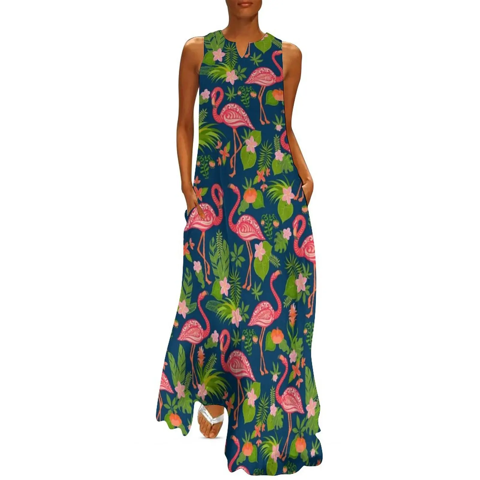 Decorative seamless pattern with flamingo, tropical flowers and leaves. Long Dress Women's summer dress Dress