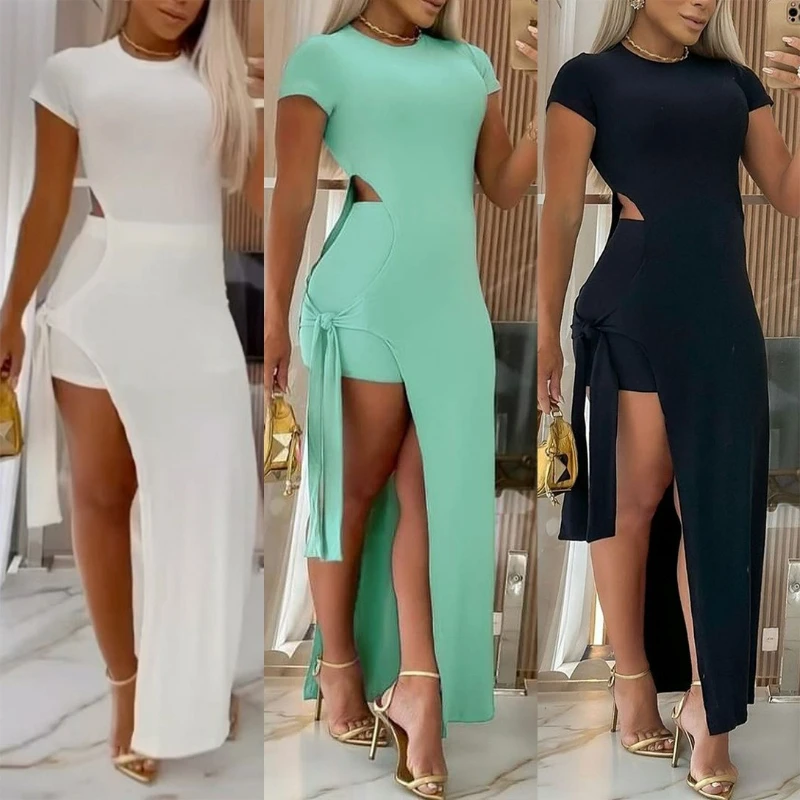 Women Long Dress Sets Split Hollow Out Lace Up Splice Dresses Suit Solid Slim Fit Short Sleeve Casual Vestidos Summer 2025