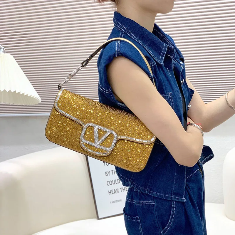 حقيبة سهرة نسائية مرصعة بأحجار الراين المكسورة بالكامل من الجلد المقسم حقيبة أنيقة تحت الإبط حقيبة كتف بسلسلة عصرية بتصميم فاخر ماسي #3