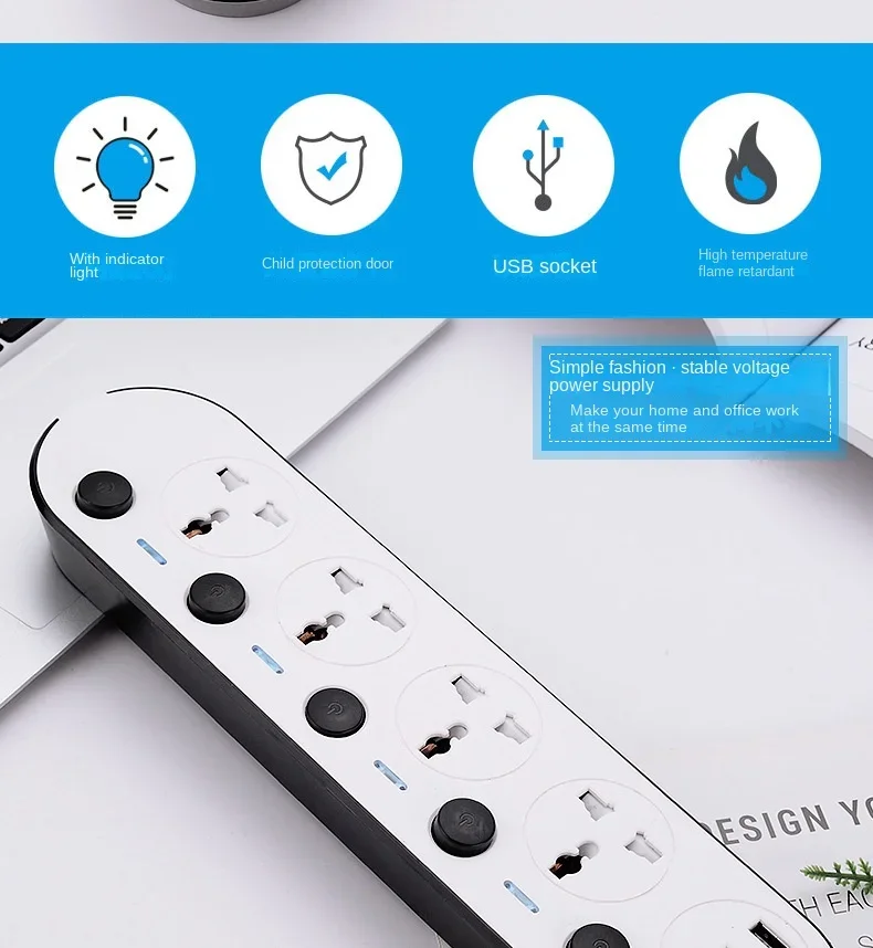 Stekkerdoos Us/Uk/Eu 110V 220V 3 Usb2.1a 5 Stopcontacten 10a 2000W Kantoor Onafhankelijke Controle Aansluiting Multi Stekker Home Socket