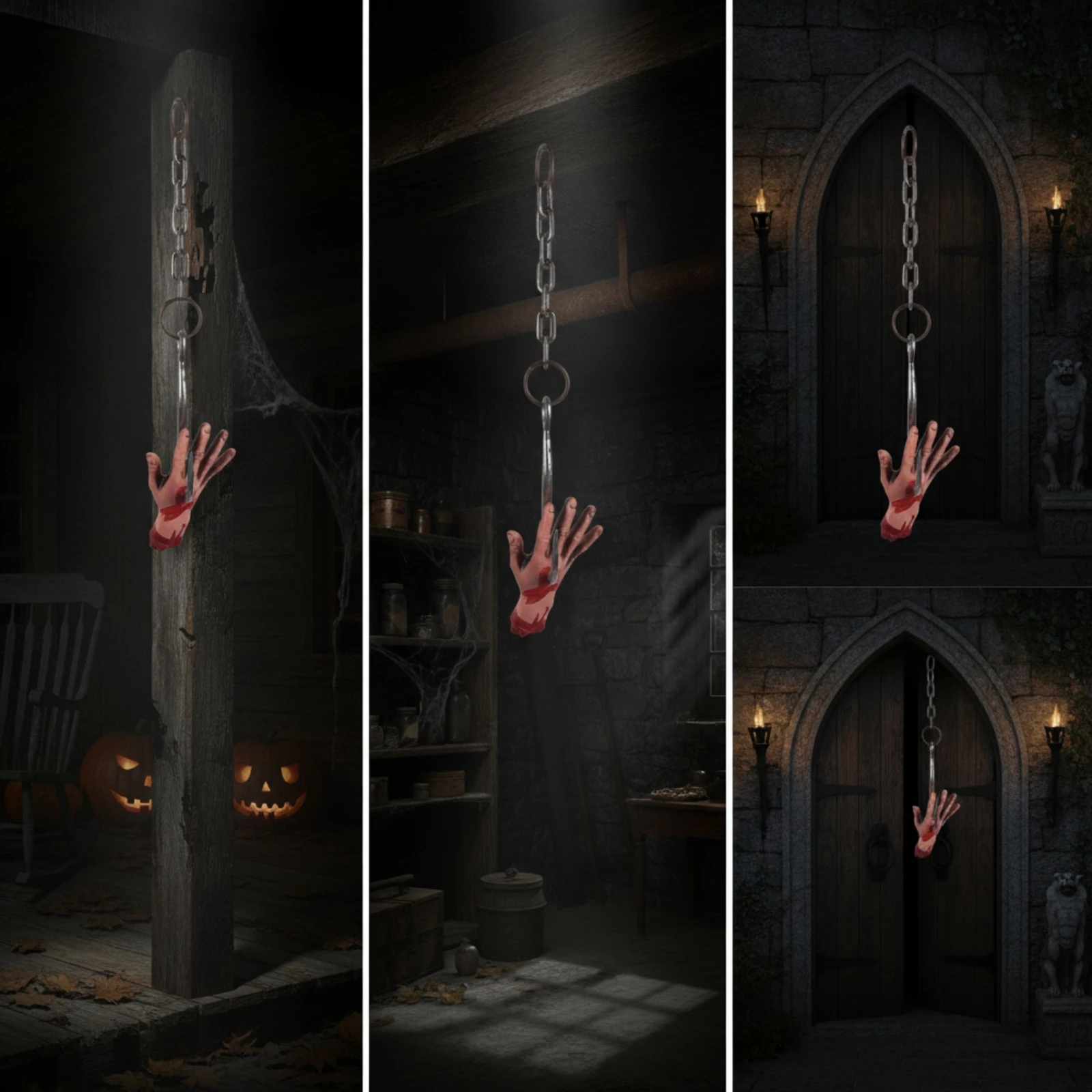 Hanging Hand with Hook and Chain Scary Severed Hand Hanging Prop Haunted House Props Vivid Horror Decor Indoor Outdoor