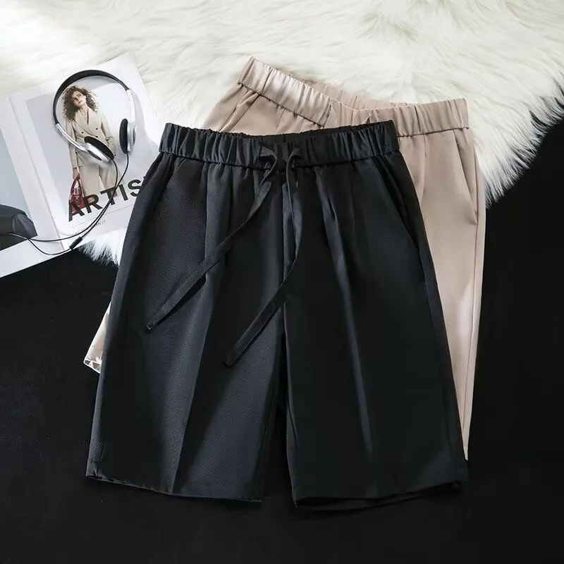 Gentlemen Simple Draped Summer Thin Knee Length Shorts Men Smart Business Office Work Elastic Waist Drawstring Trendy Ins Shorts