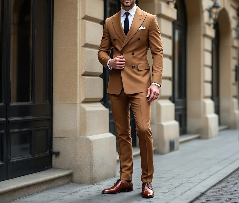 

Светло-коричневый двубортный костюм Slim Fit Свадебный костюм