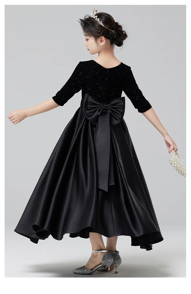 Princess Girls Black Evening Dress Children Shining Birthday Wedding Cos Colthes Kids Piano Prom Performance Photography Costume