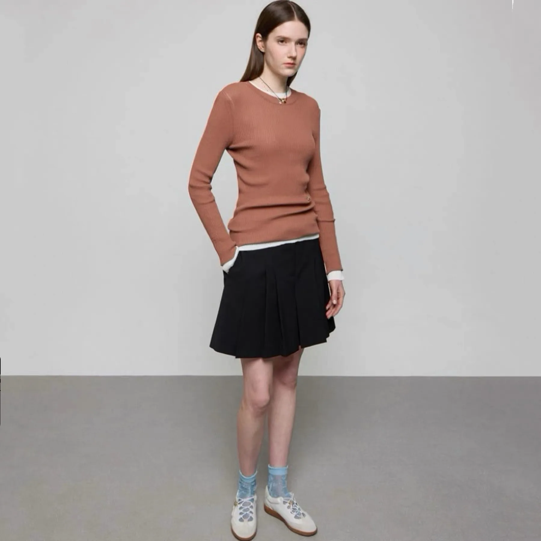 

Slimming Effectiven round Ne Knitted Sweater Elastic Stripes Faionable Versatile Long Sve Commute Sle Women's Top