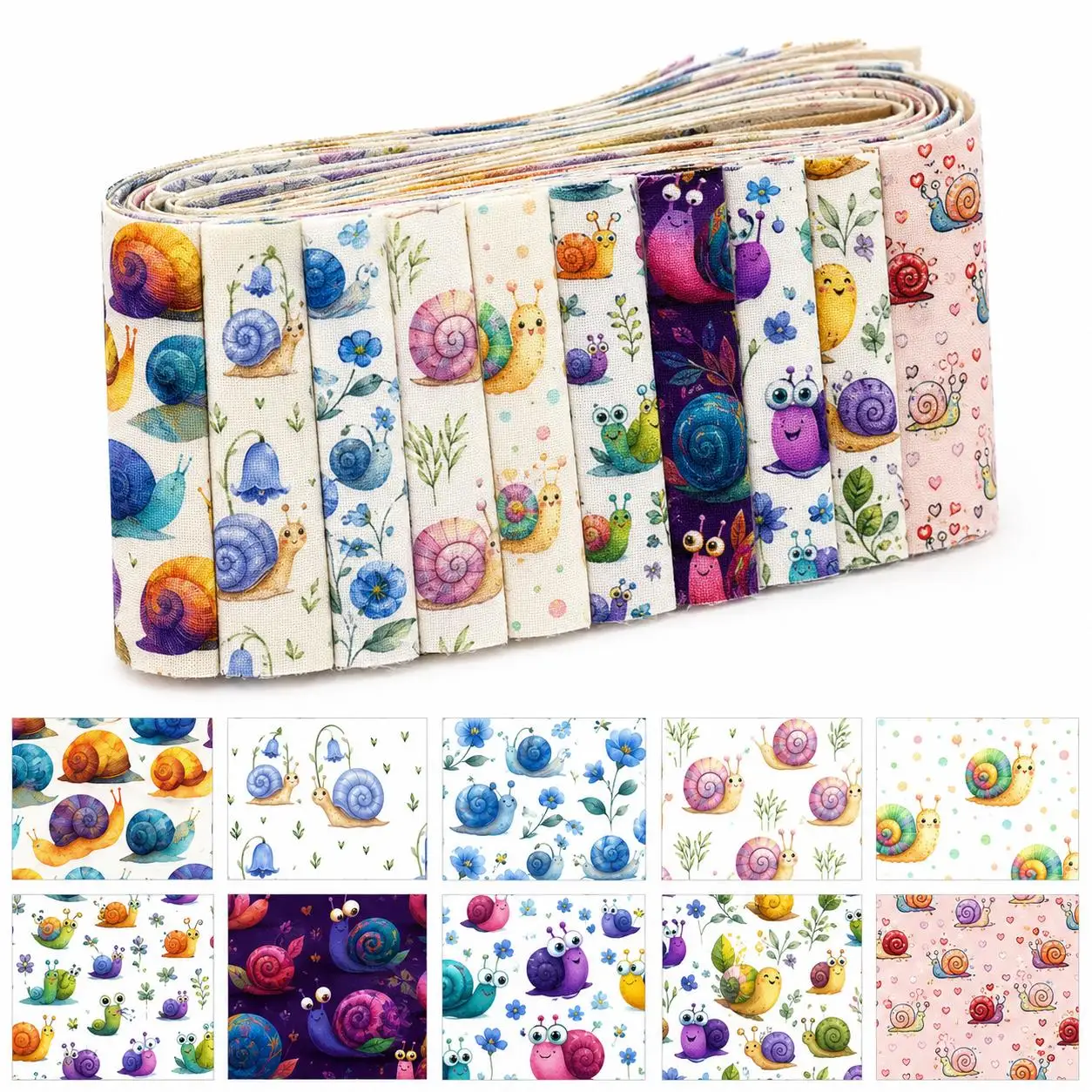 10pcs Snail Jelly Roll Fabric Strips 2.5X19.7inch Pre-cut 100% Polyester for Patchwork Quilts, Table Runners, Placemats
