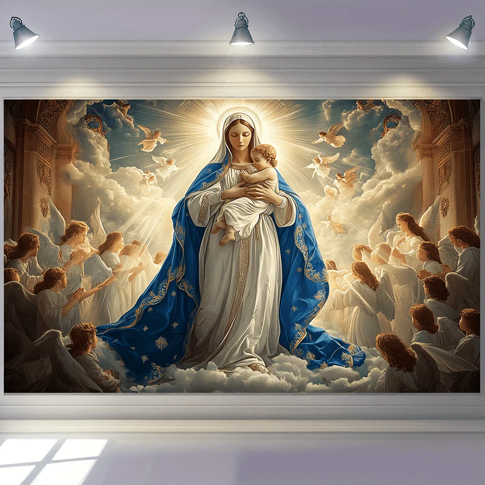 Mother Mary  Jesus Tapestry,Religious Nativity Scene Wall Art for Christmas Home Decor,Soft Texture Fabric with Heavenly Theme