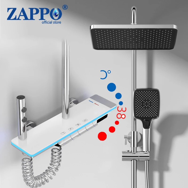 ZAPPO Thermostatic Shower Set - 4 Function Shower Systerm with Glass Panel Piano Button Control Wall Mounted Shower Faucet Set
