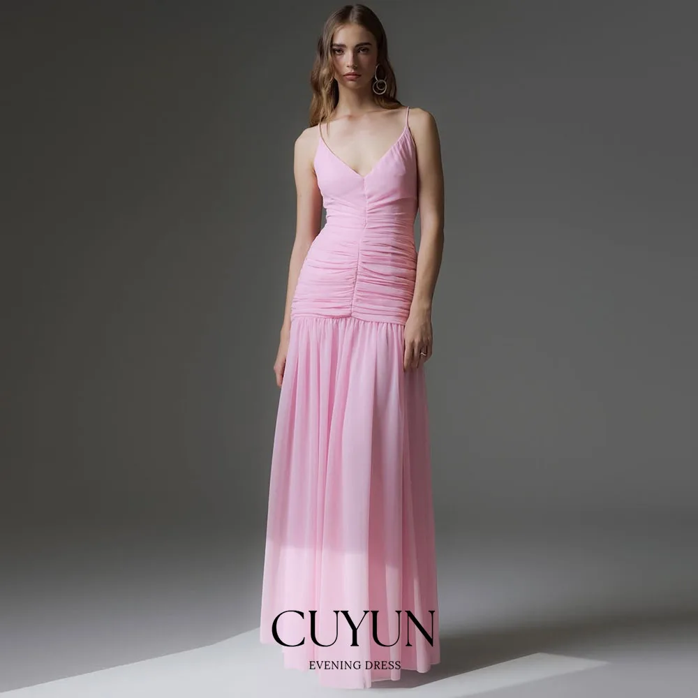 

CUYUN Spaghetti Straps V-Neck Pink Prom Dresses A Line Pleated Chiffon Long Prom Dress Customized Women Formal Event Gown 2026