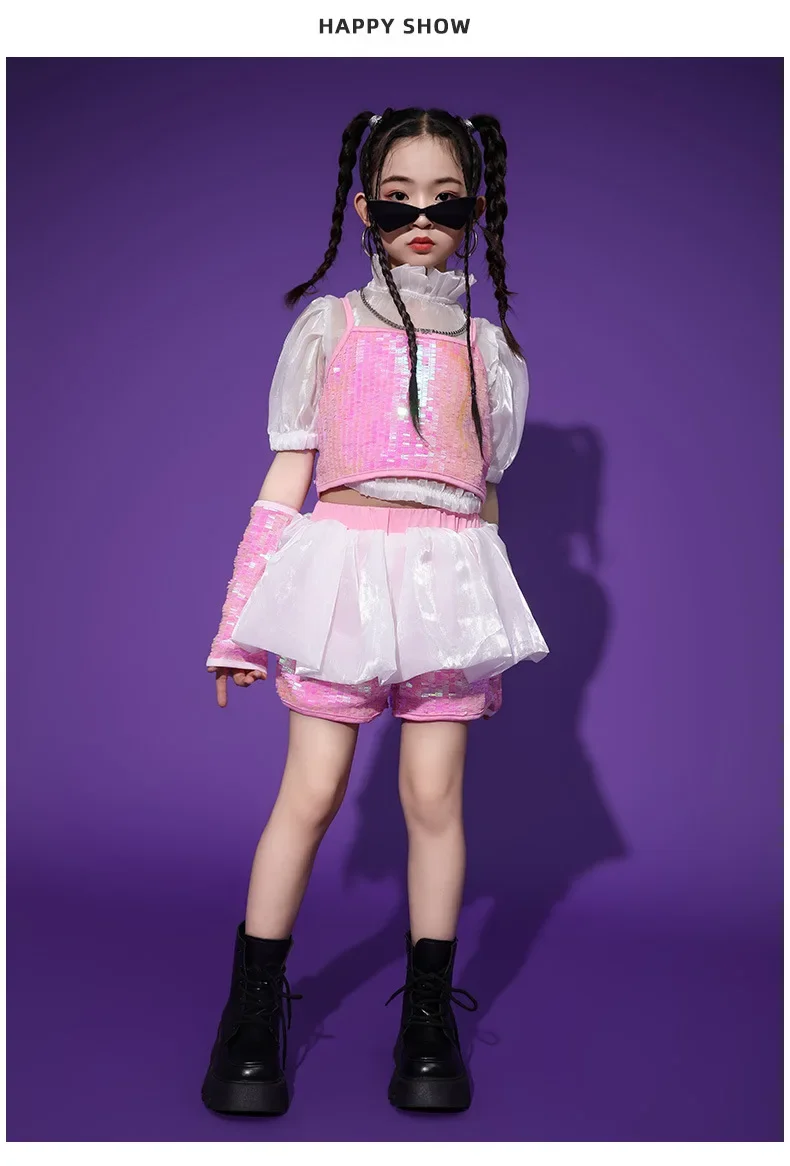 Pailletten-Jazz-Tanzset für Mädchen, Hip-Hop-Bühnenoutfit, Laufsteg-Show-Kostüm mit Glitzer für Kinder und Teenager, Tanzwettbewerbskleidung – Detail 2