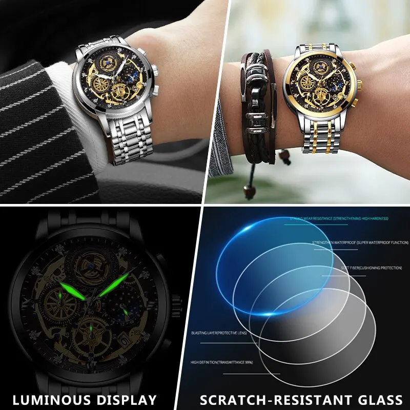 ZUNPAI Original Watch for Men Waterproof Stainless Steel Quartz Analog Fashion Business Sun Moon Star Wristwatches Top Brand