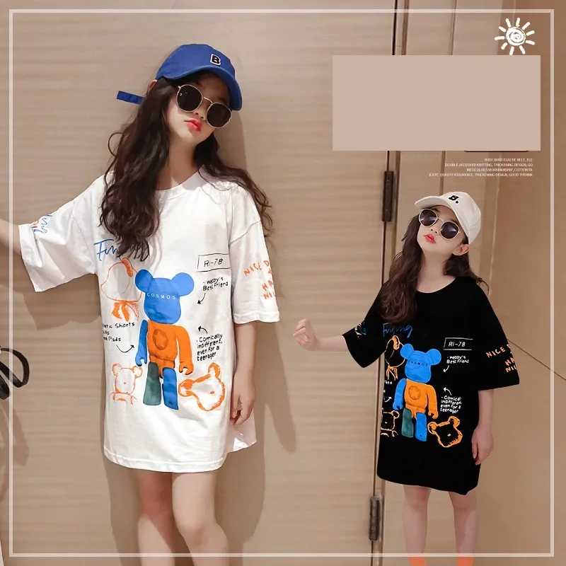 Summer cotton kids girls long tops cartoon print short sleeve cotton t shirts 8 10 12 years teenager girls outfit T shirt dress