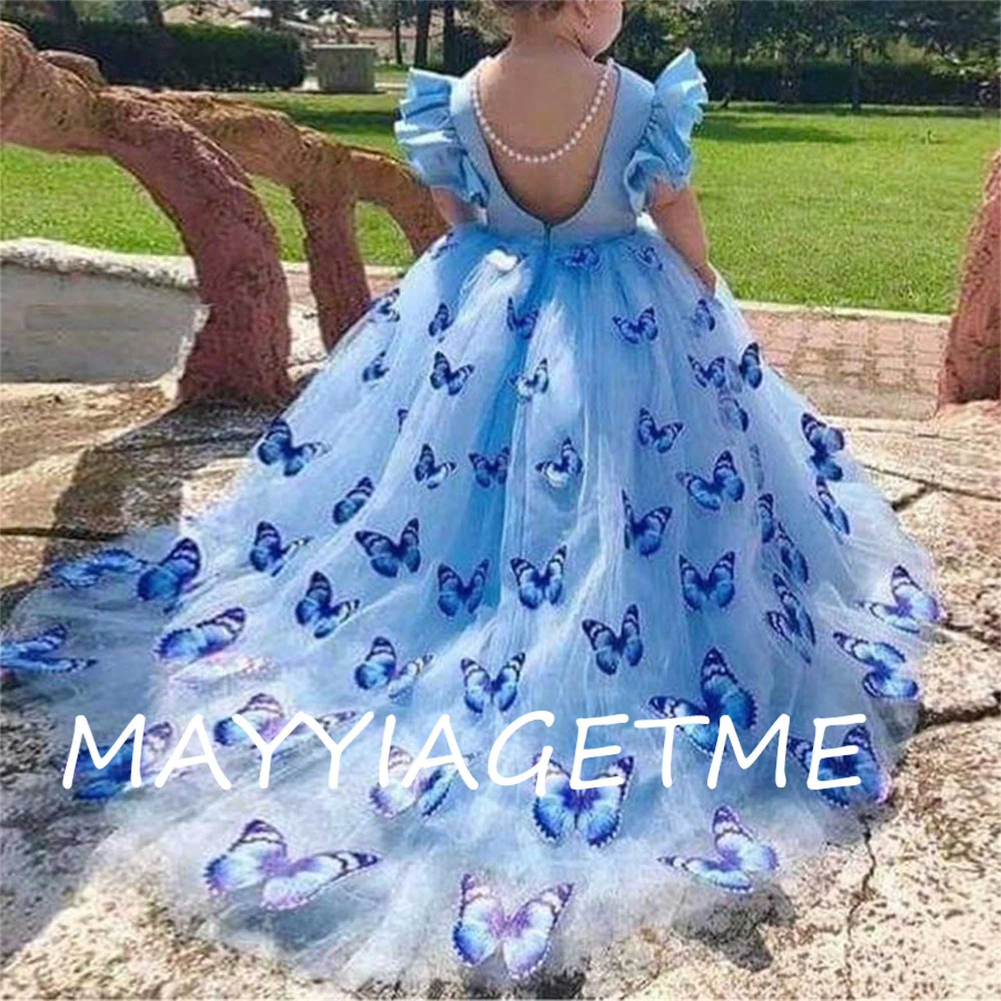 

Blue Tulle Flower Girl Dresses Wedding Butterfly Appliques Court Train Ball Gown First Communion Dress for Kids Party 2023