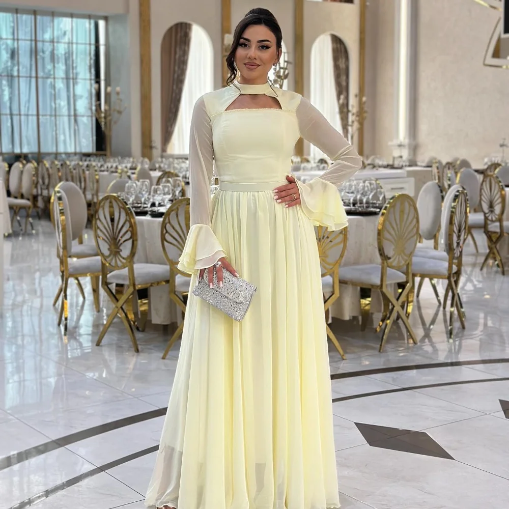 

Customized Simple Fashion Chiffon Sash Pleat A-line High Collar Long Dresses Bespoke Occasion Dresses High Quality Classic Retro