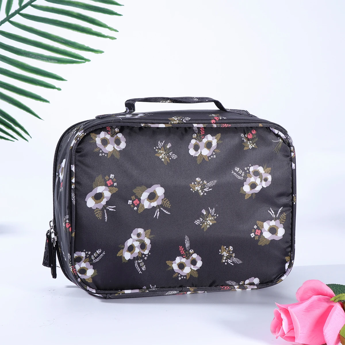

Mini Bag Black Flower Makeup Case Dustproof Large Capacity Travel Toiletry Storage Organizer For Cosmetics Towel