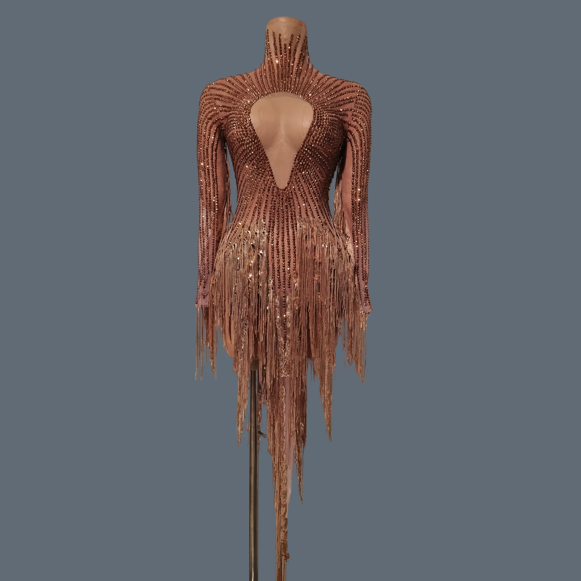 

Sparkly Rhinestone Tassel Latin Dance Dress Long Sleeves Sexy Women Dance gig Party Outfit Drag Queen Performer Wear Shandong