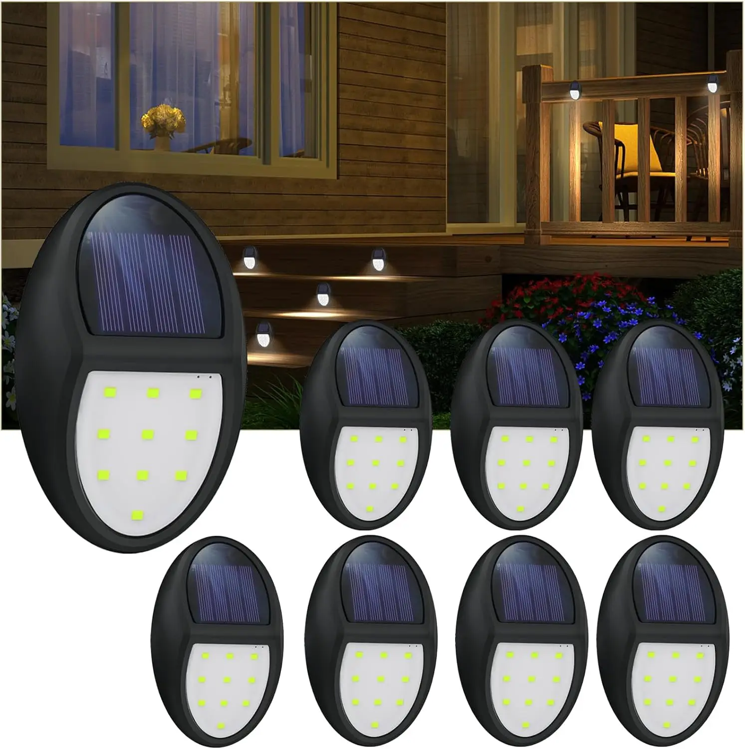Paquete de 8 luces solares para valla al aire libre, lámparas solares impermeables IP68, para porche, terraza, patio, garaje, jardín, luz blanca