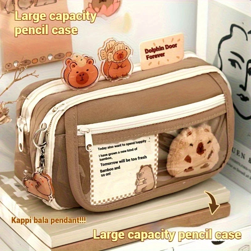 7Pcs Cute Capybara Canvas Pencil Case Set with Doll Stickers Spacious Layered Compartment Zipper Closure Back to School Supplies