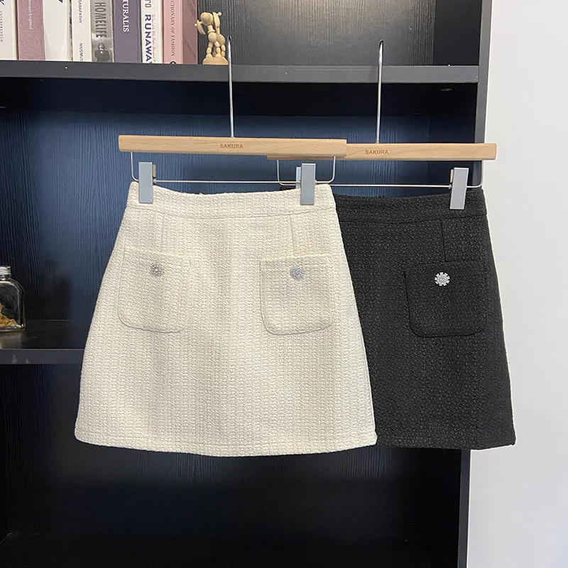 

High Waist Tweed Skirt Women's Bodycon Anti-Light Spring Autumn Winter Korean Sle Retro Bla A-Line Skirt