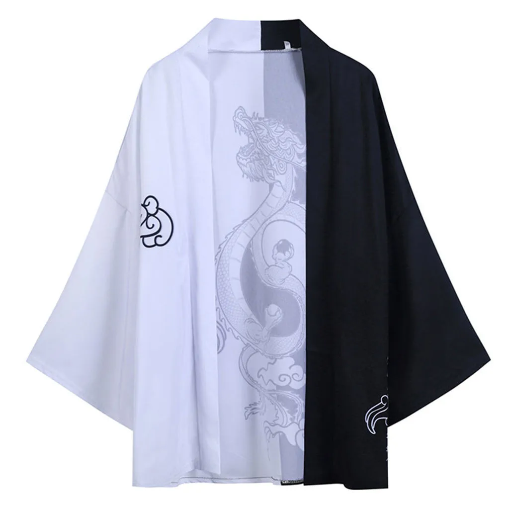 Japanese Kimono Shirts Mens Chinese Black White Tai Chi Printing Cloak Cardigan Long Sleeve Oversize Haori Yukata Samurai