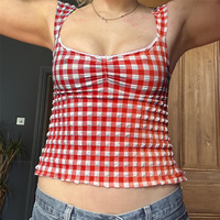 Lamuusaa y2k Tops for Women Summer Fairycore Clothing Plaid Print Lace Trim Sleeveless Tanks T Shirts 2000s Clothing Streetwear