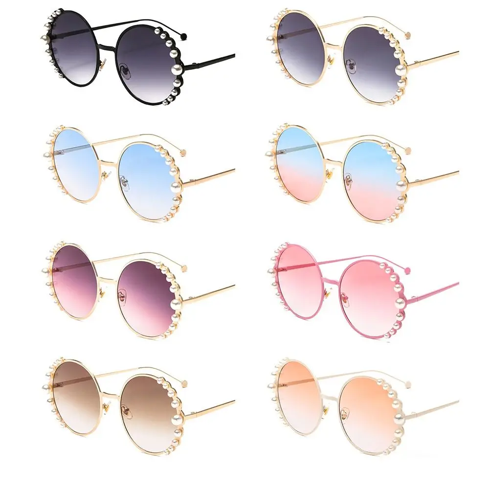 Fashion Pearl Design Round Frame Sunglasses Metal Frame UV Protection Gradient Lens Shades Round Sun Glasses for Women