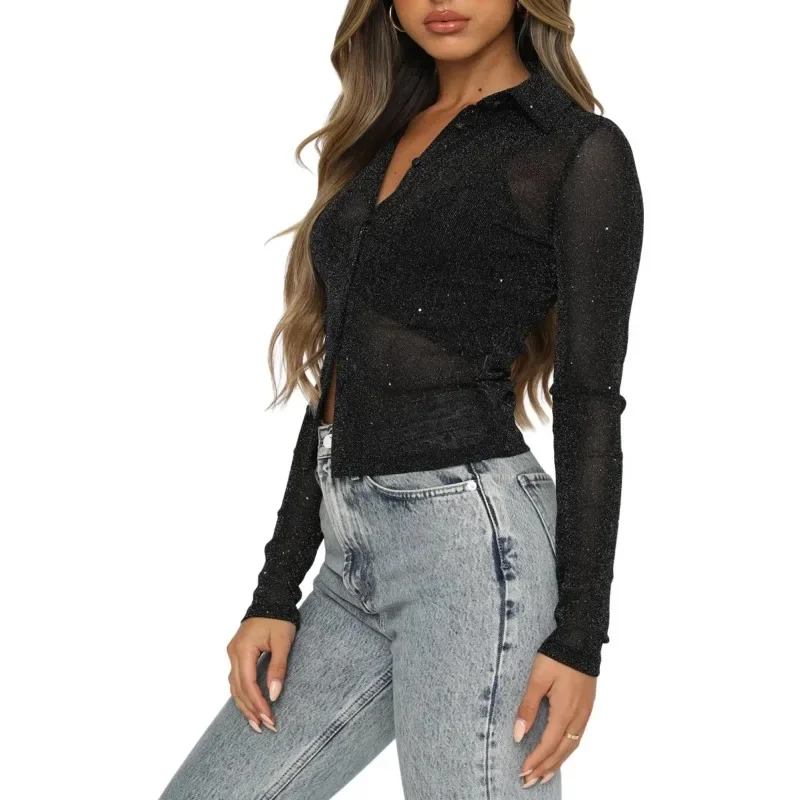 2024 Damen Sommer Slim Fit einfarbige Mesh Perspektive bequeme lang ärmel ige Strickjacke sexy Freizeit hemd Damen Tops myqh12