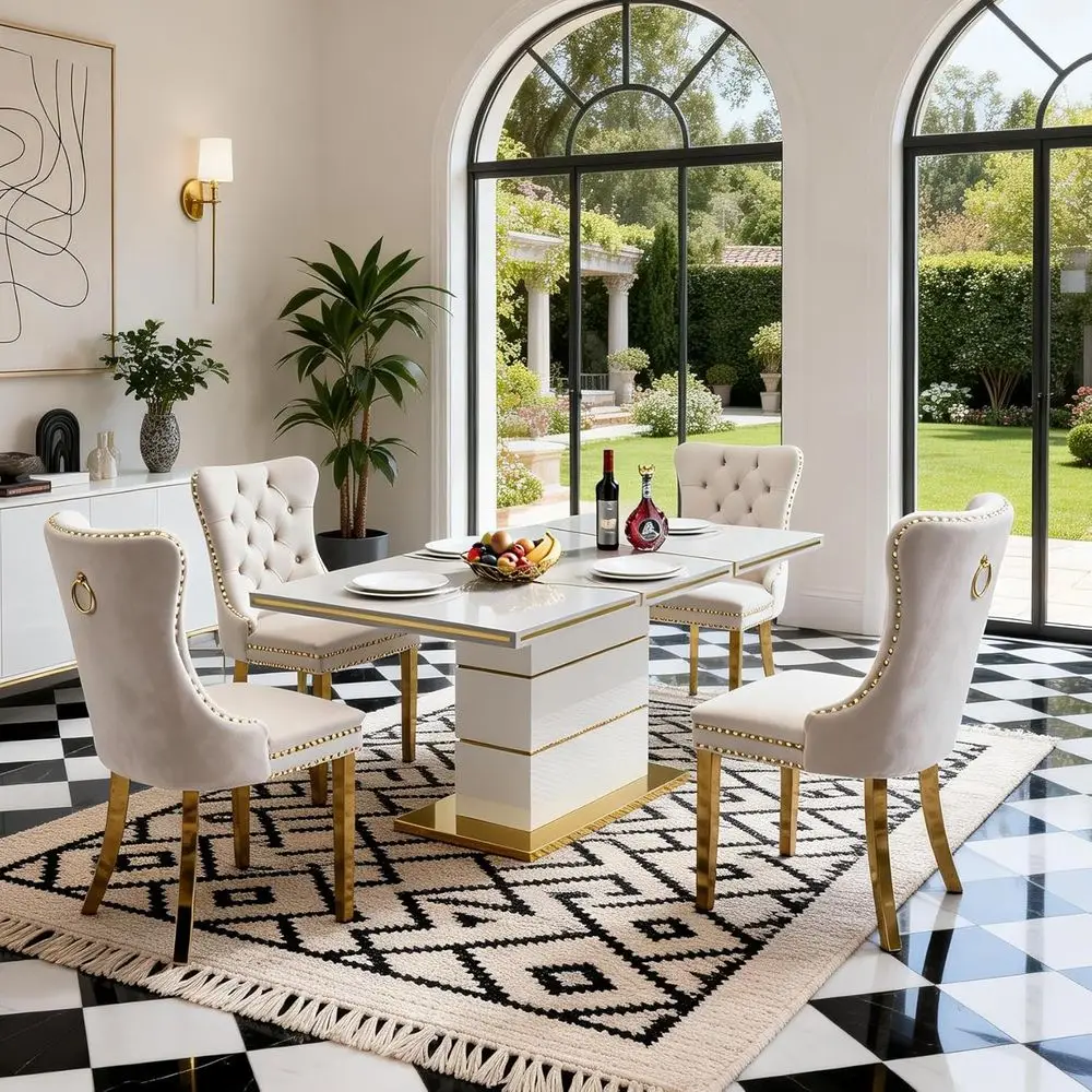 

High-Gloss White 5-Piece Dining Set or 70 Wooden Kitchen Table with 4 Velvet Chairs, Luxury Dining Tables with Gold Steel Base