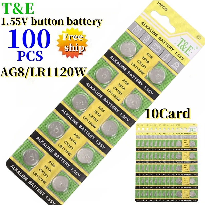 100PCS 1.55V AG8 LR1120 391 SR1120 R1120W CX191 Button Batteries G8A 191 391A SR1120SW Cell Coin Watch Toys Remote Battery