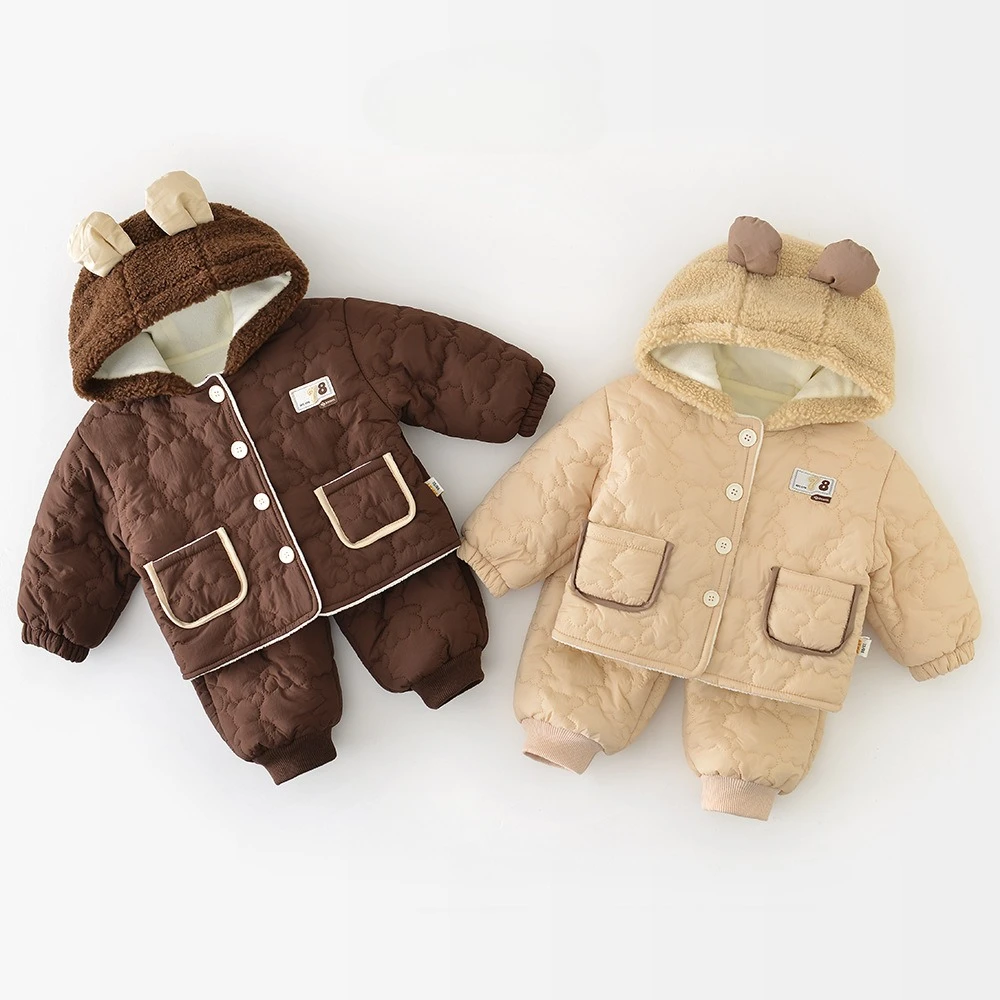 

2025 Winter Baby Clothes Set 6M-3Y Color Blocking Girls Thicken Hoodie Jacket +Pants Loose Pocket Toddler Fleece Padded Outfit