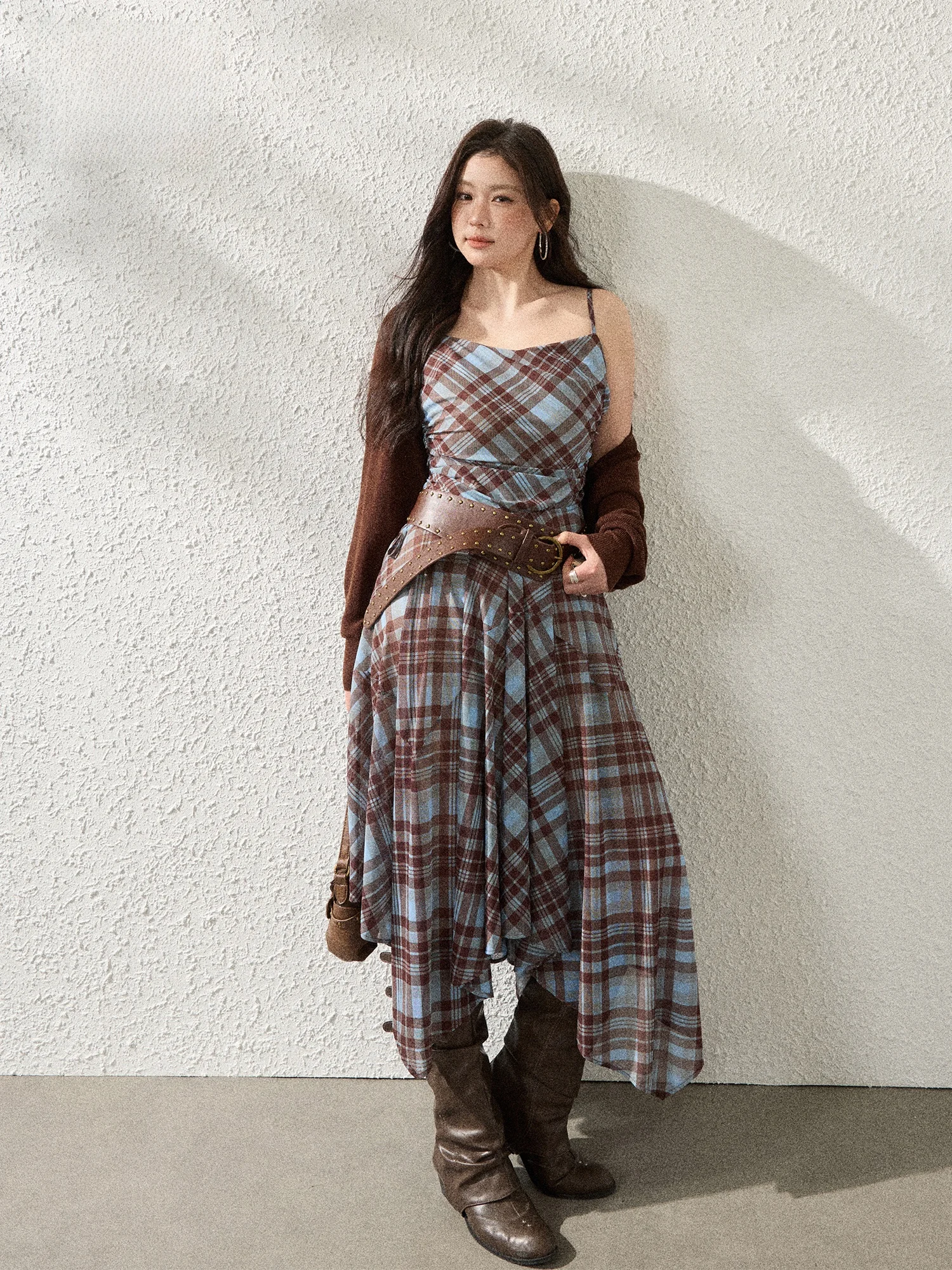 

plus Size Women's Plaid off Shoulder Dress And Jacket Set Spring Early Slimming American Hot Girl Style Uneven Hemline