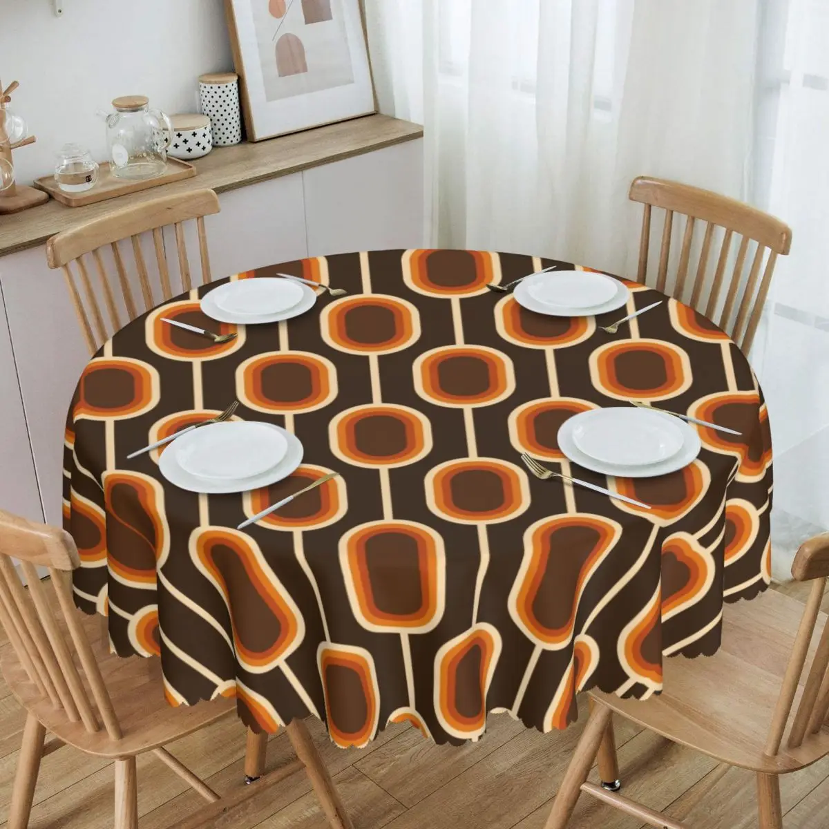 70s Pattern Orange And Brown Nodes Round Tablecloths 60 Inches Colorful Mid Century Table Covers for Parties Table Cloth